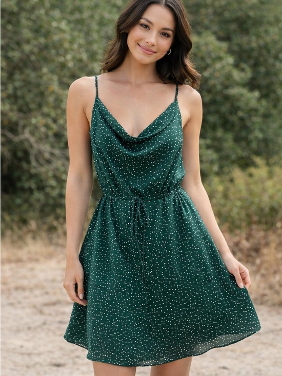 DAVI & DANI Dresses & Skirts - DAVI & DANI Teal Green Polka Dot Cowl Neck Midi Dress